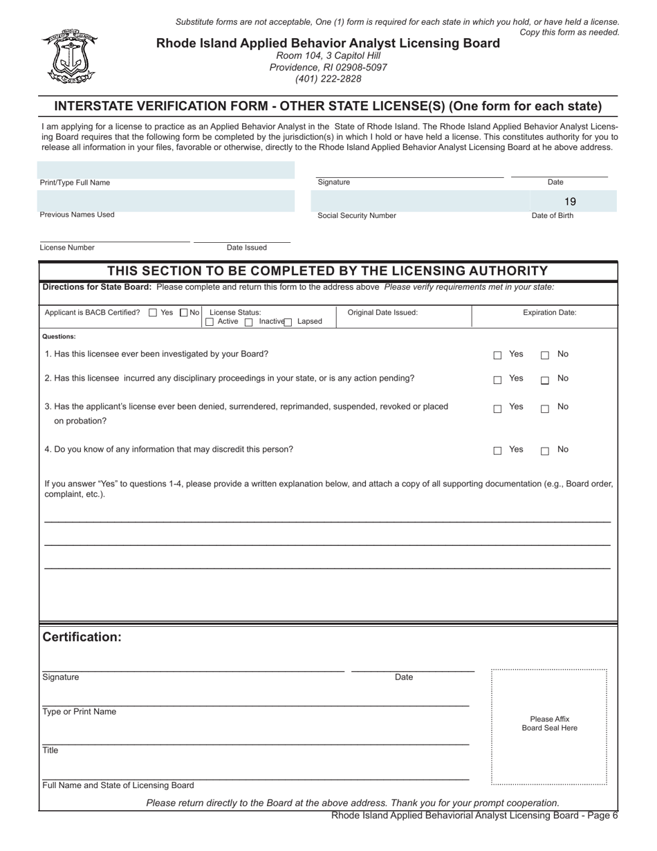 Application for License as a Applied Behavioral Analyst (Lba) / Applied Behavioral Assistant Analyst (Laba) - Rhode Island, Page 6