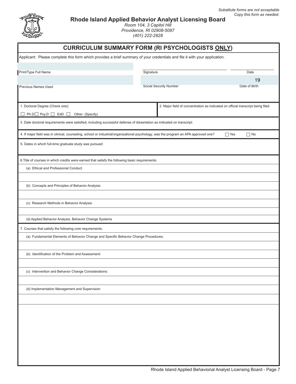 Application for License as a Applied Behavioral Analyst (Lba) / Applied Behavioral Assistant Analyst (Laba) - Rhode Island, Page 7