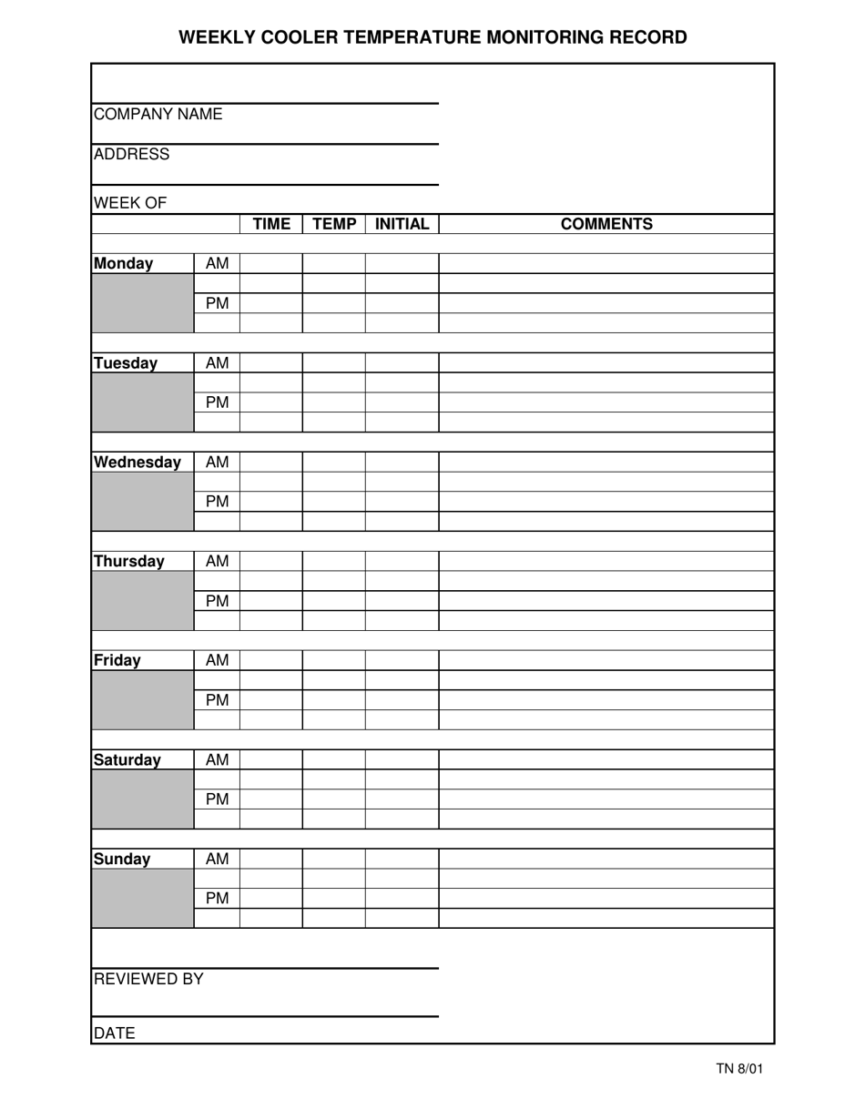 Rhode Island Weekly Cooler Temperature Monitoring Record - Fill Out ...