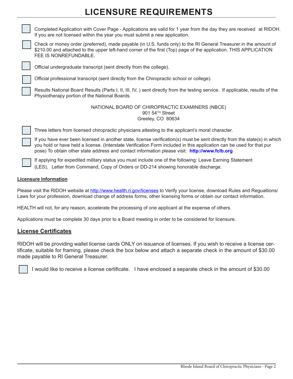 Application for License as a Chiropractor / Chiropractor With Physiotherapy - Rhode Island, Page 2