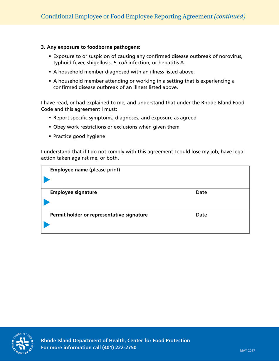 Rhode Island Conditional Employee Or Food Employee Reporting Agreement ...