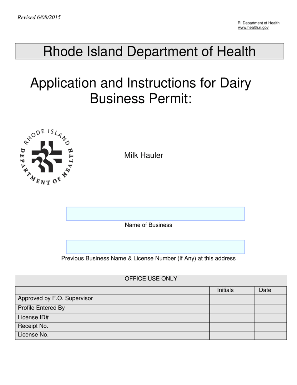 Application for Diary Business Permit: Milk Hauler - Rhode Island, Page 1