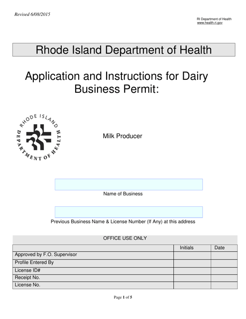 Application for Diary Business Permit: Milk Producer - Rhode Island Download Pdf