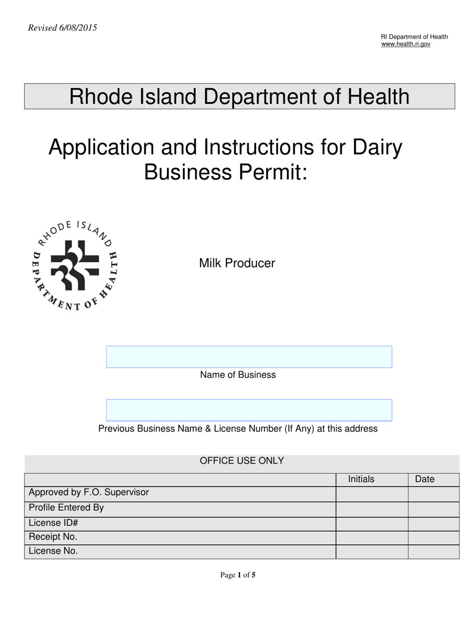 Application for Diary Business Permit: Milk Producer - Rhode Island, Page 1