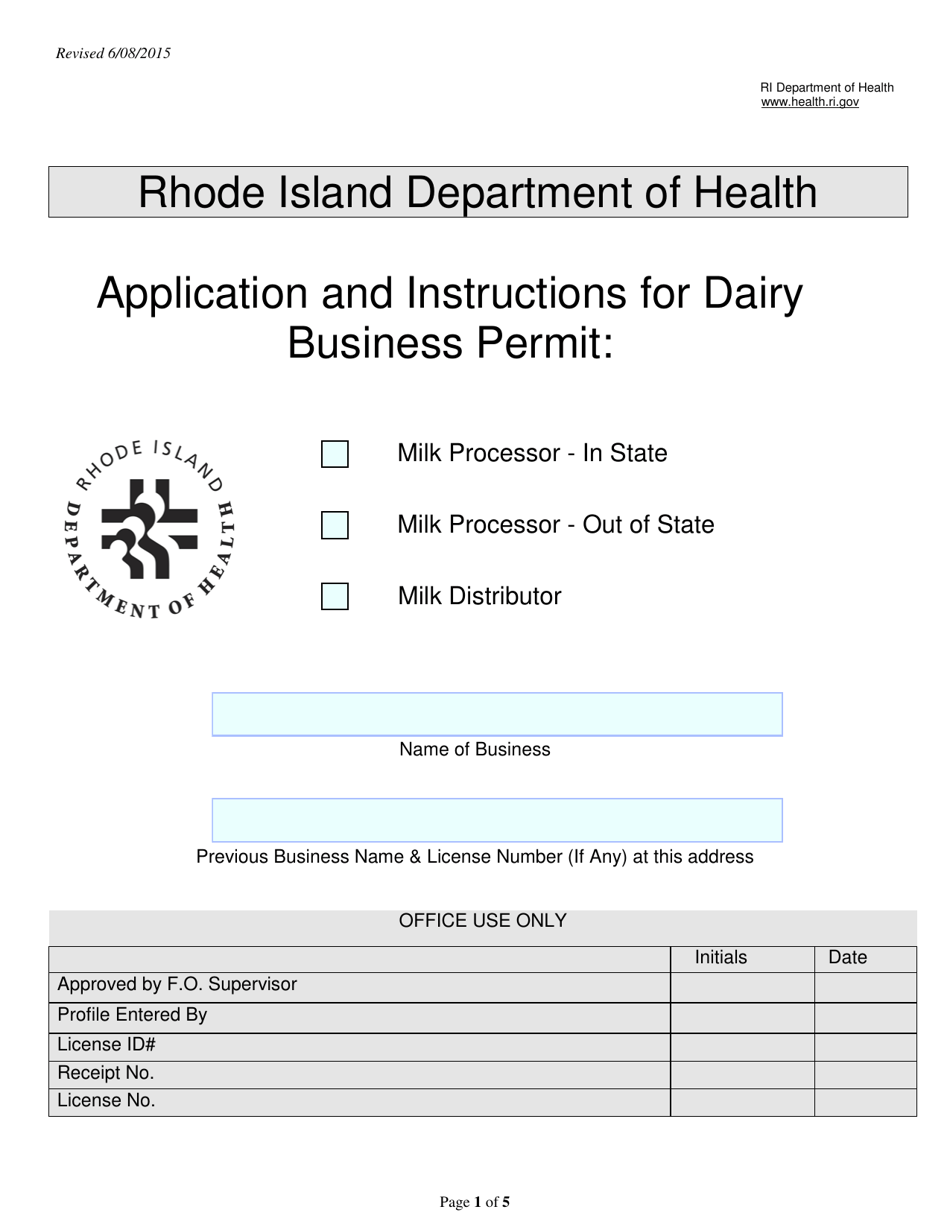 Application for Diary Business Permit: Milk Processor Distributor - Rhode Island, Page 1