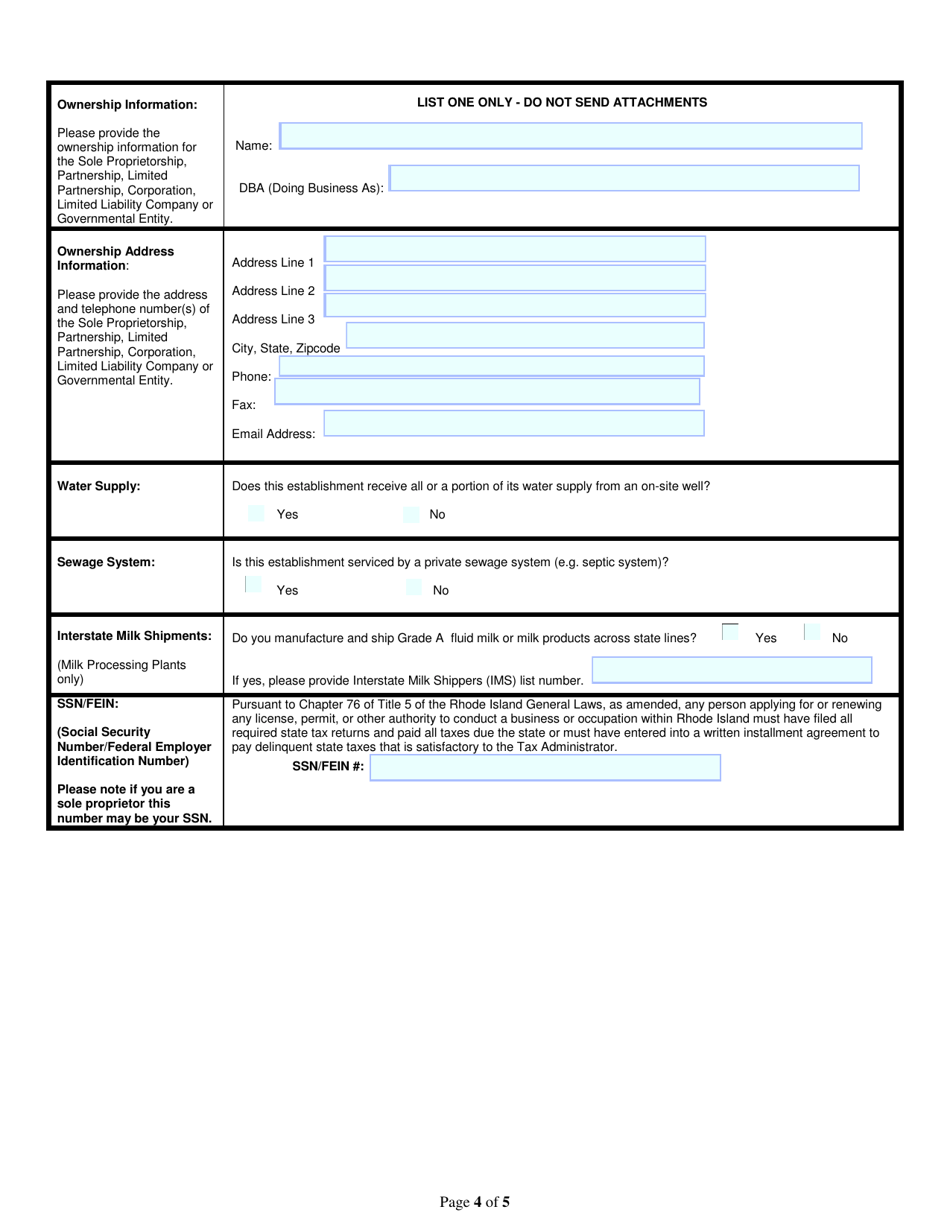 Application for Diary Business Permit: Milk Processor Distributor - Rhode Island, Page 4