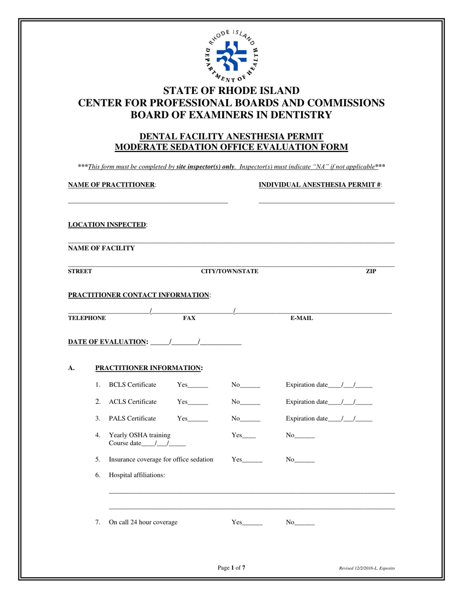 Dental Facility Anesthesia Permit Moderate Sedation Office Evaluation Form - Rhode Island, Page 1