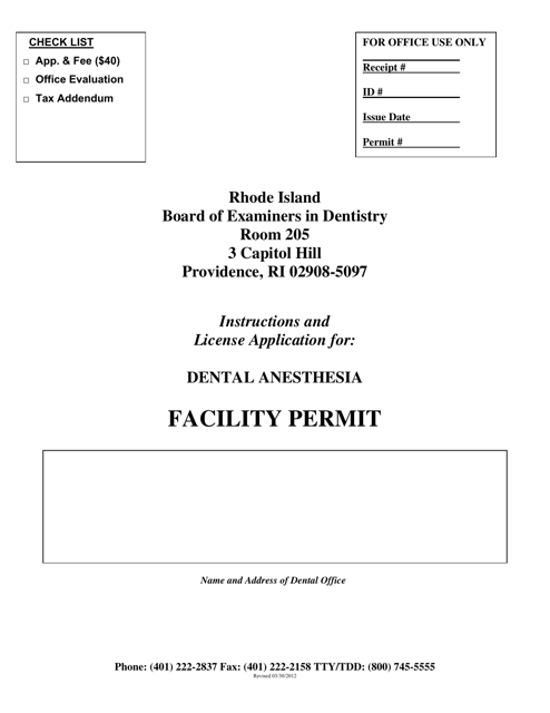 License Application for Dental Anesthesia Facility Permit - Rhode Island Download Pdf