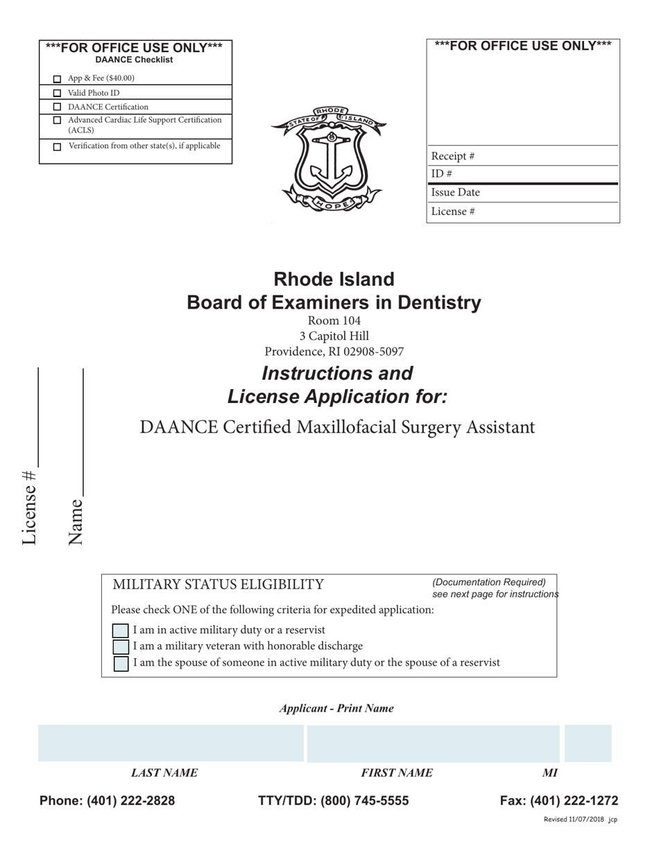 License Application for Daance Certified Maxillofacial Surgery Assistant - Rhode Island, Page 1