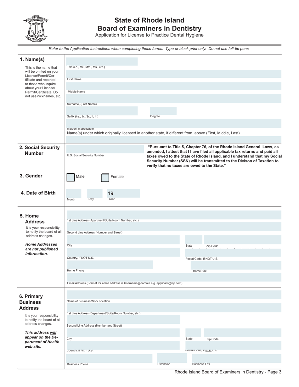 Rhode Island Application for License to Practice Dental Hygiene Fill