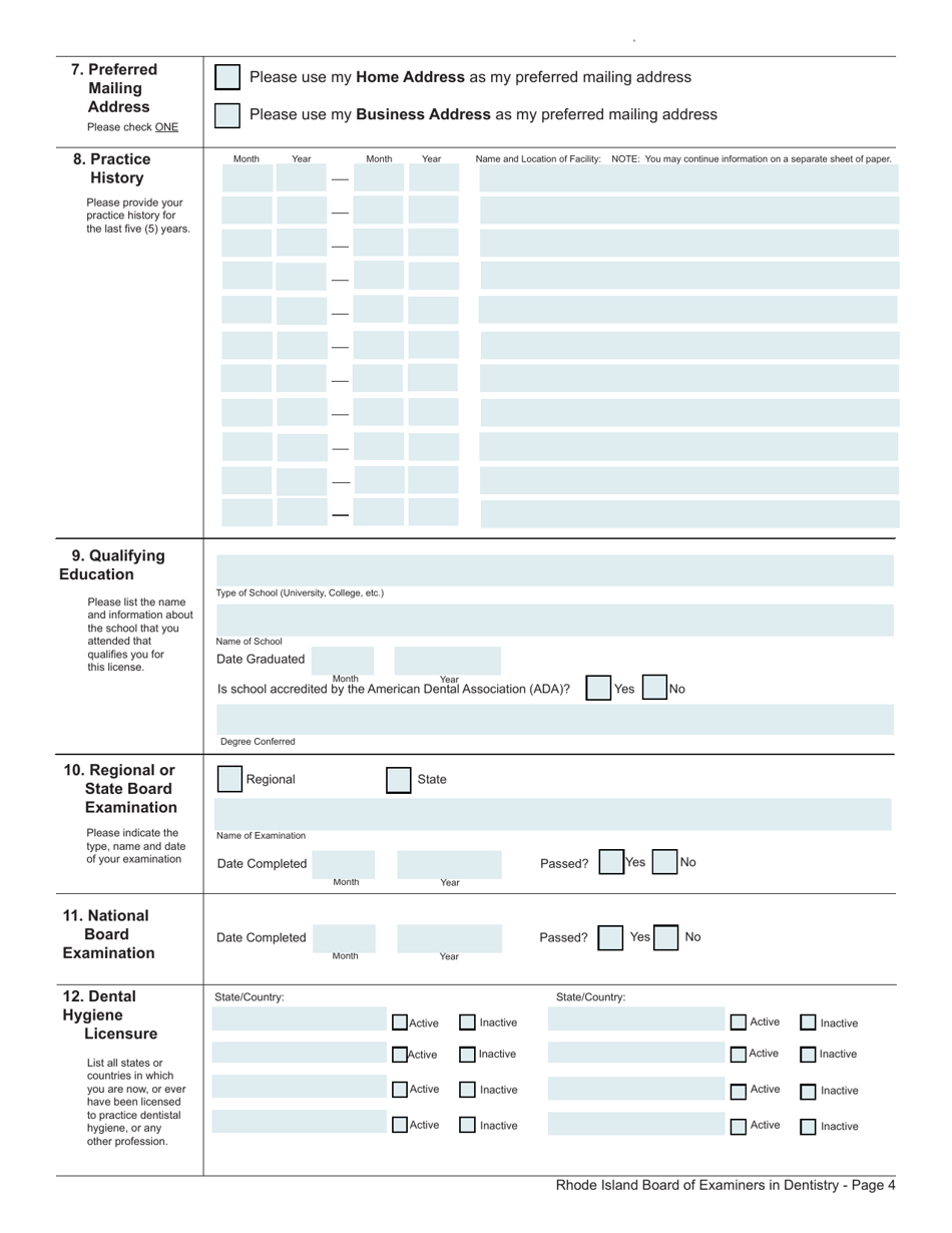 Rhode Island Application for License to Practice Dental Hygiene Fill