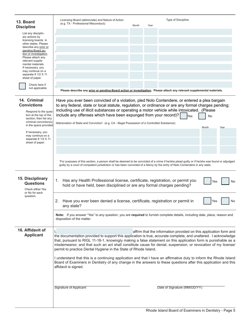Rhode Island Application for License to Practice Dental Hygiene Fill