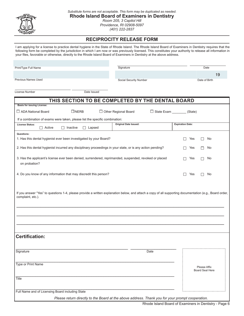 Rhode Island Application for License to Practice Dental Hygiene Fill