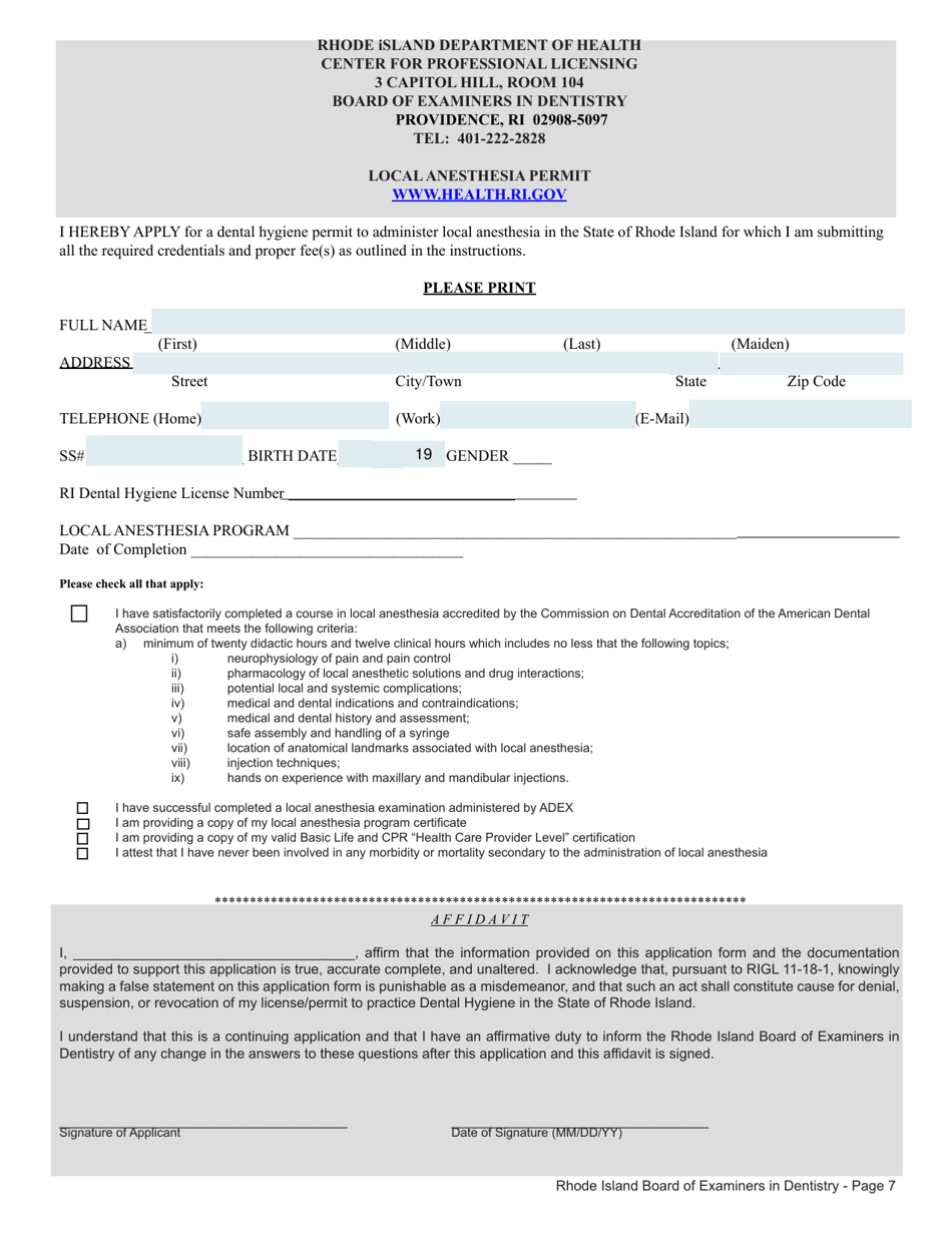 Rhode Island Application for License to Practice Dental Hygiene Fill