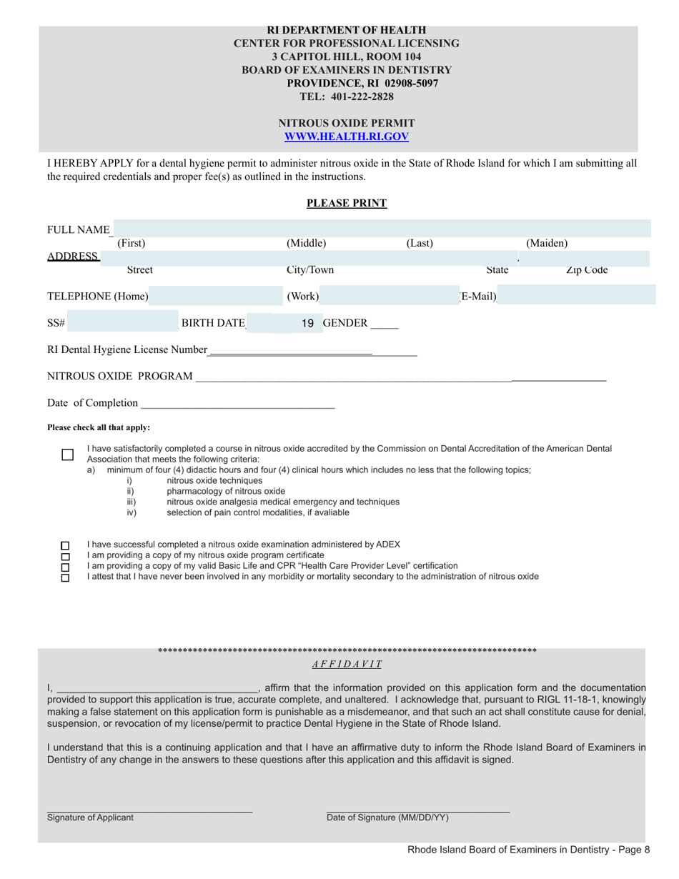Rhode Island Application for License to Practice Dental Hygiene Fill