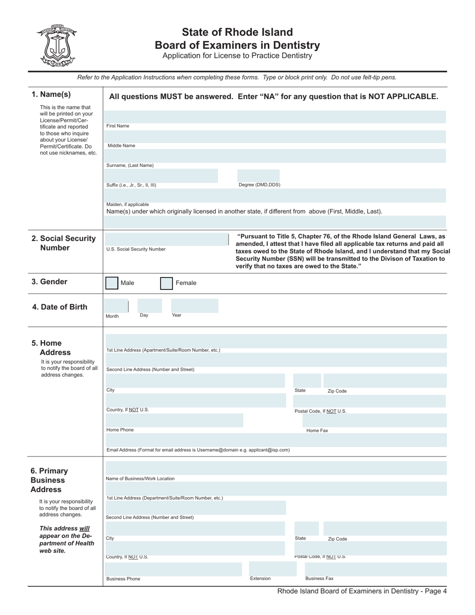 Application for License to Practice Dentistry - Rhode Island, Page 4