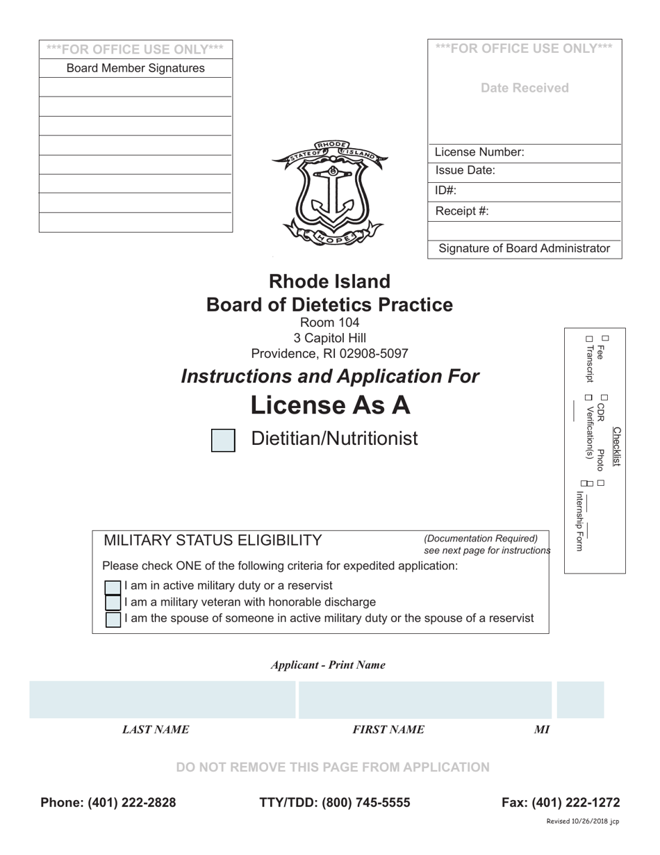 Rhode Island Application for License as a Dietitian/Nutritionist Fill