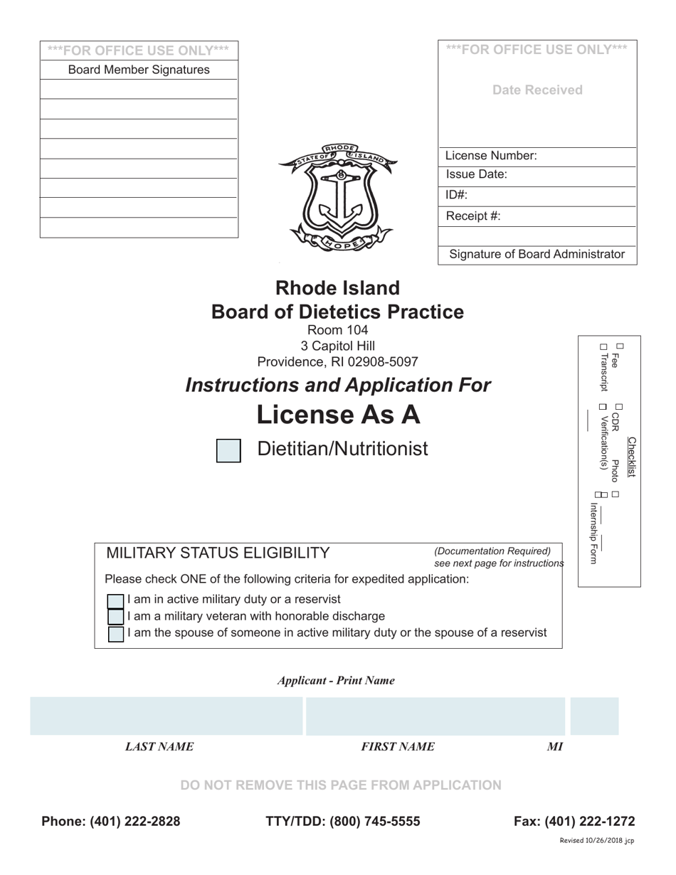 Application for License as a Dietitian / Nutritionist - Rhode Island, Page 1