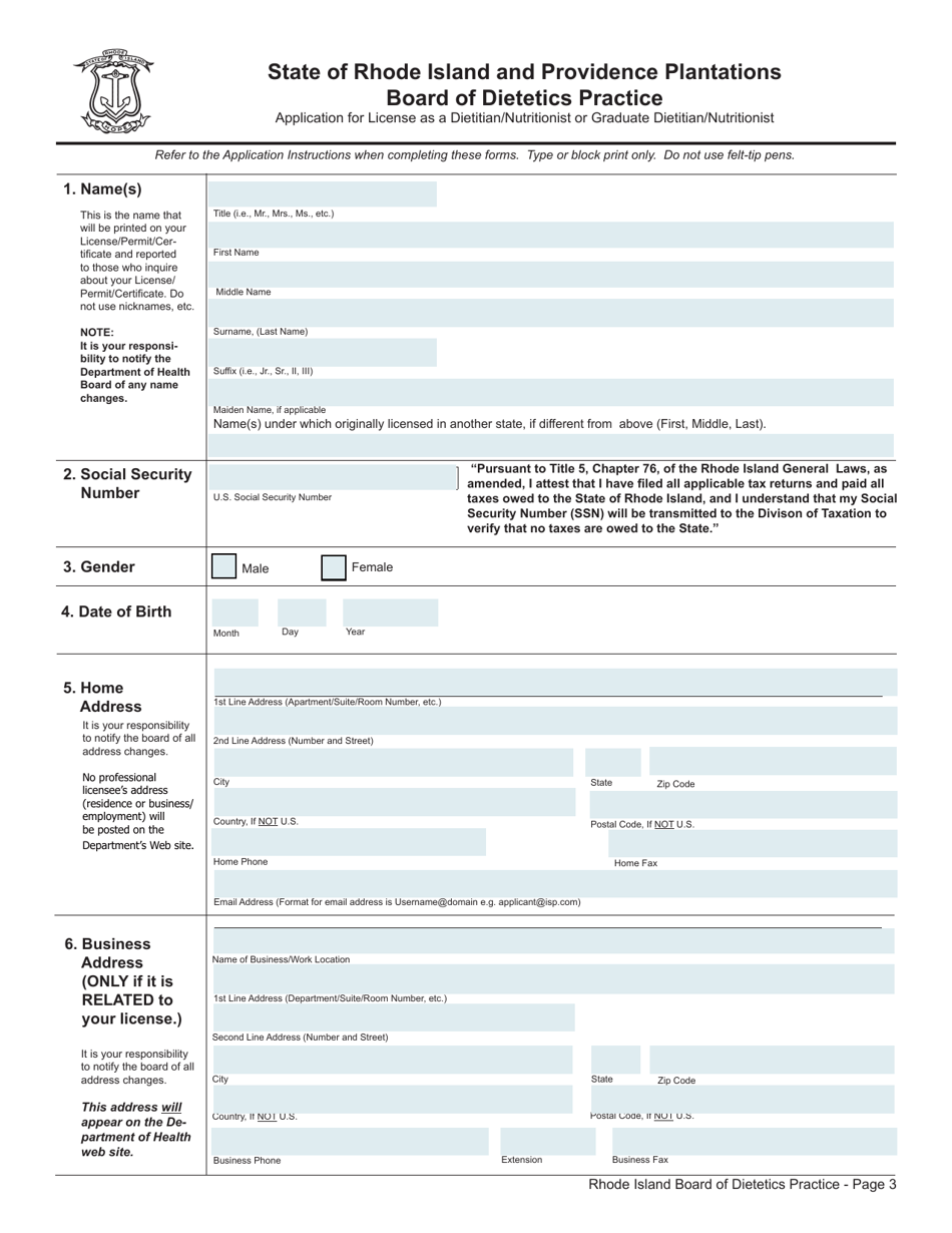 Application for License as a Dietitian / Nutritionist - Rhode Island, Page 3
