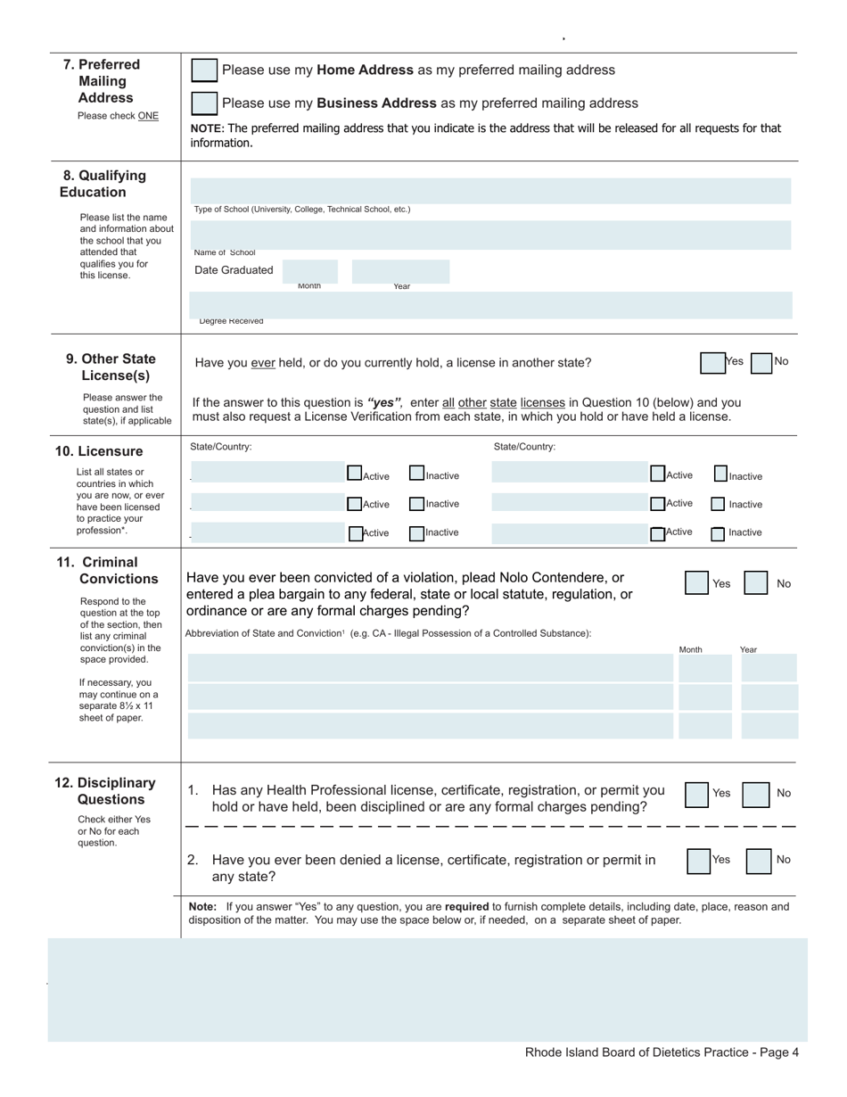Application for License as a Dietitian / Nutritionist - Rhode Island, Page 4