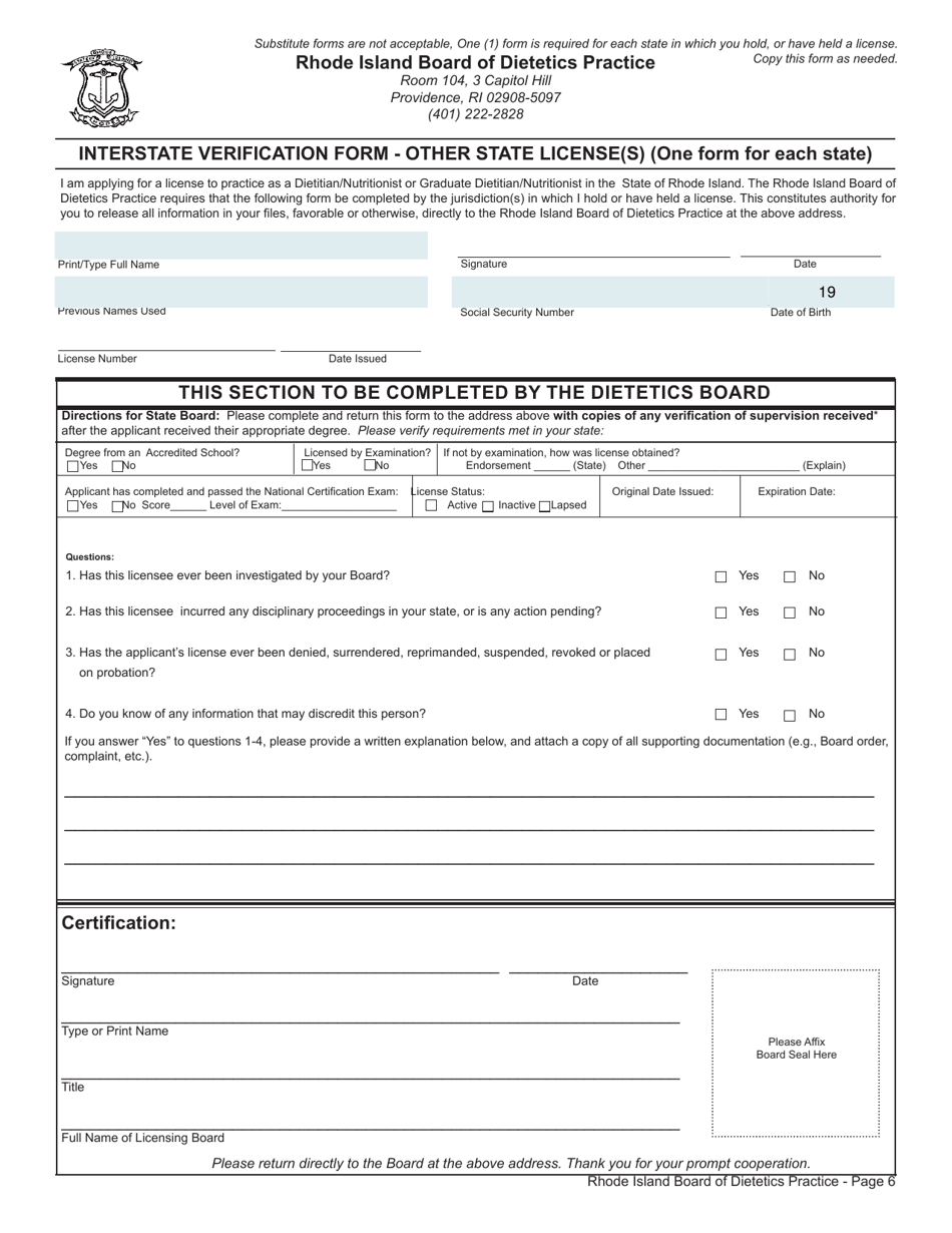 Application for License as a Dietitian / Nutritionist - Rhode Island, Page 6