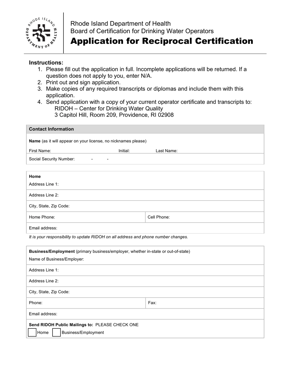 Application for Reciprocal Certification - Rhode Island, Page 1