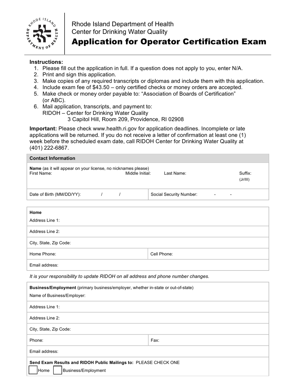 Application for Operator Certification Exam - Rhode Island, Page 1