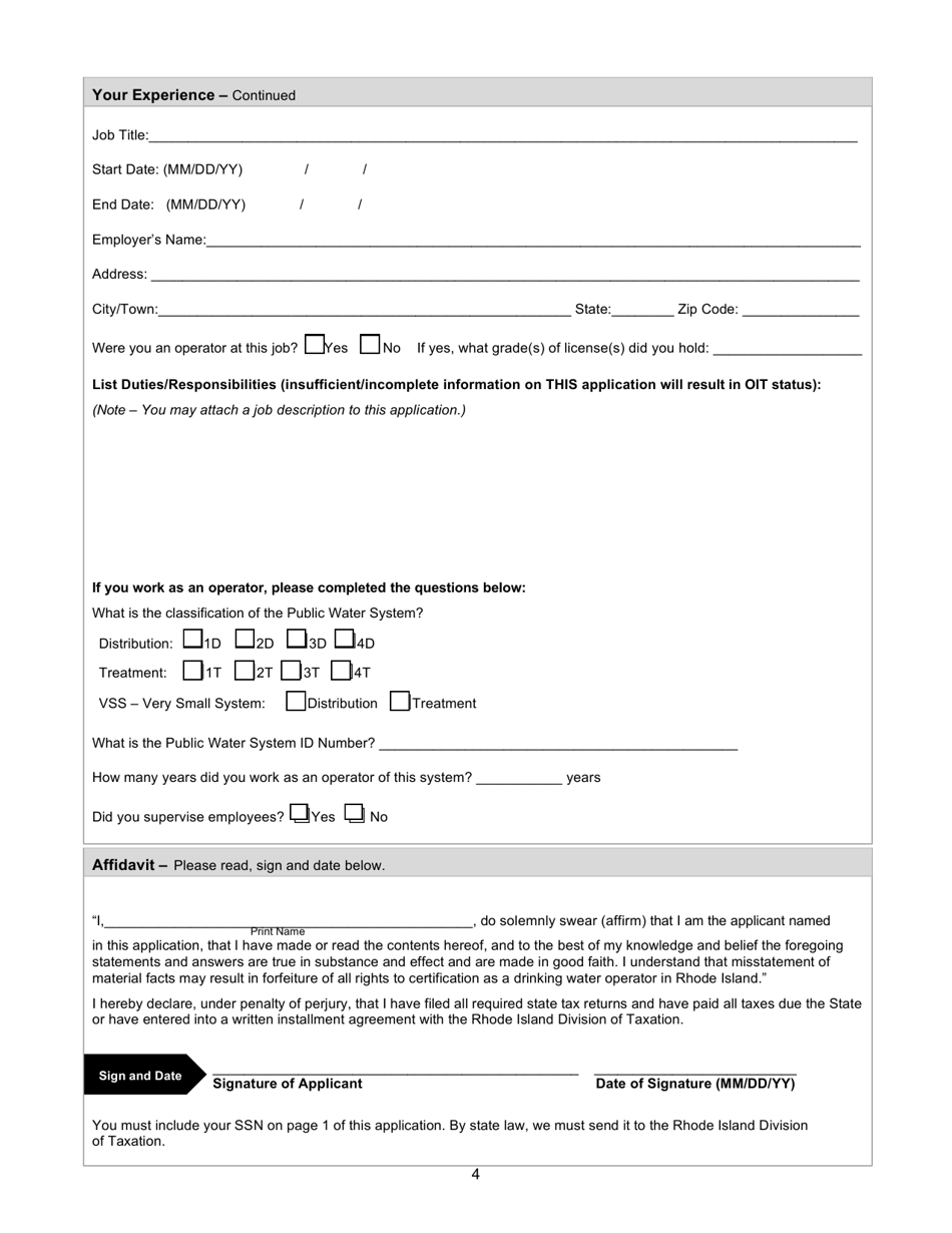 Application for Operator Certification Exam - Rhode Island, Page 4