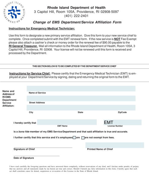 Change of EMS Department / Service Affiliation Form - Rhode Island Download Pdf
