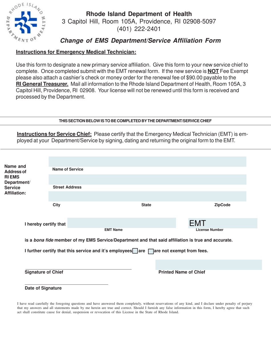 Change of EMS Department / Service Affiliation Form - Rhode Island, Page 1