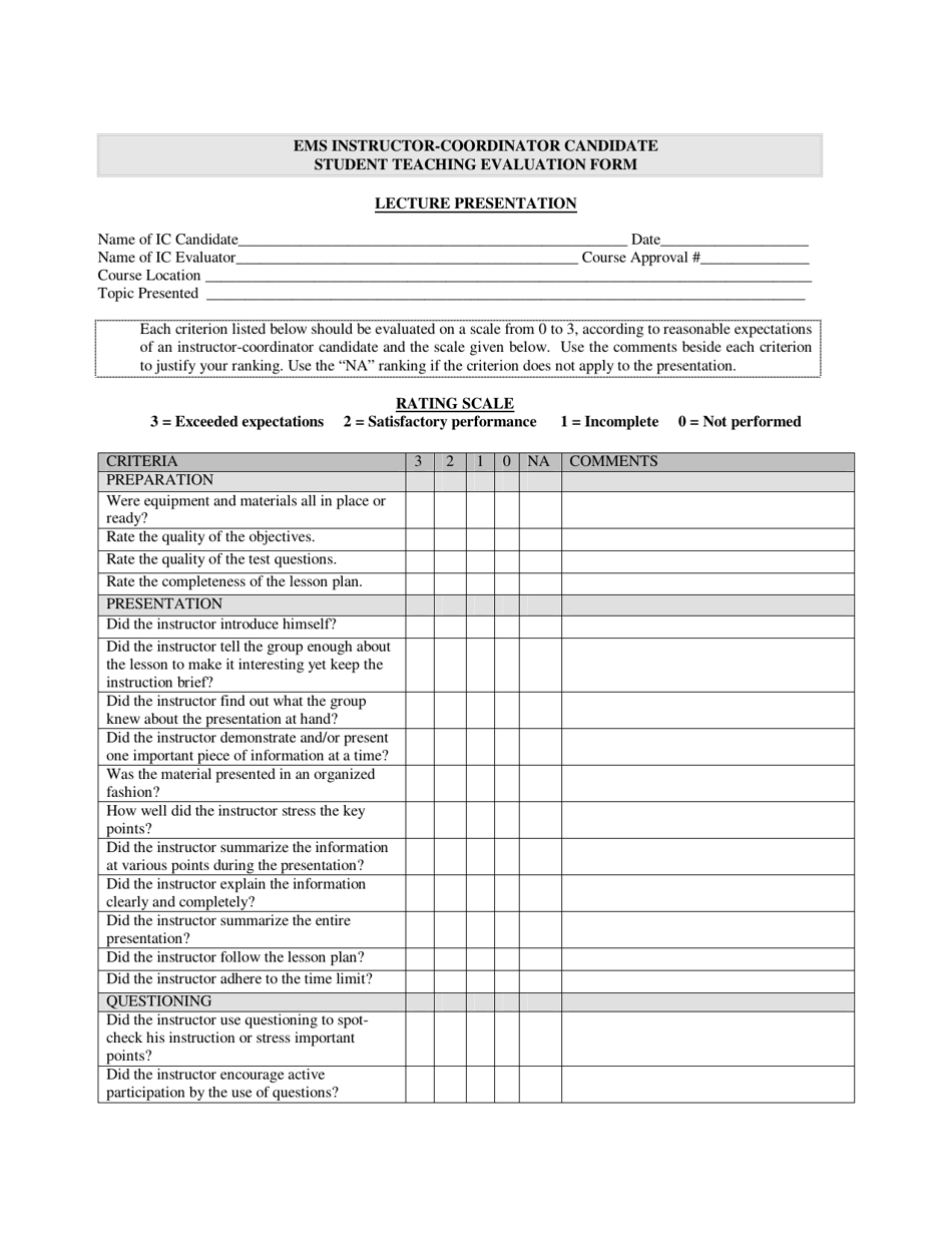 EMS Instructor-Coordinator Candidate Student Teaching Evaluation Form - Rhode Island, Page 1