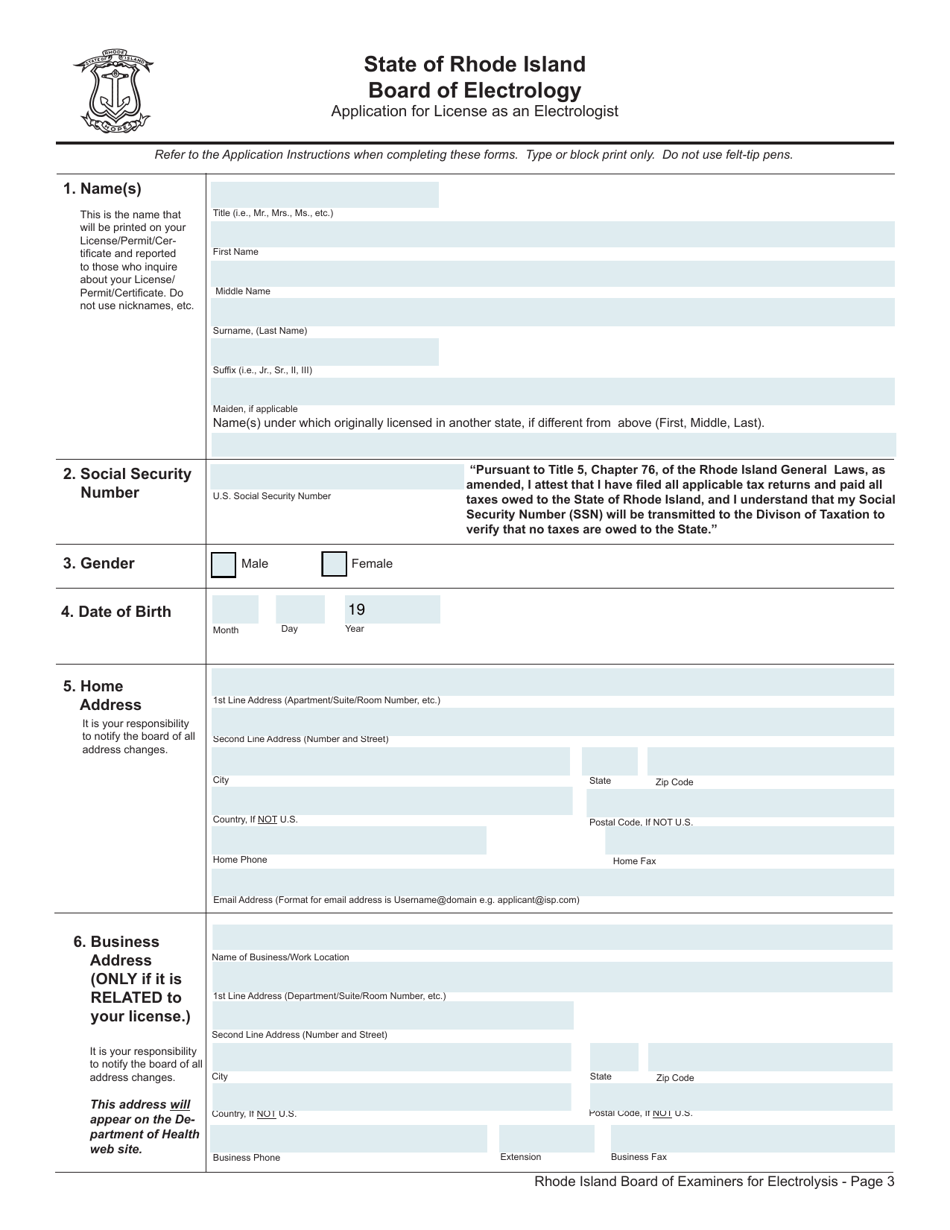 Application for License as an Electrologist - Rhode Island, Page 3