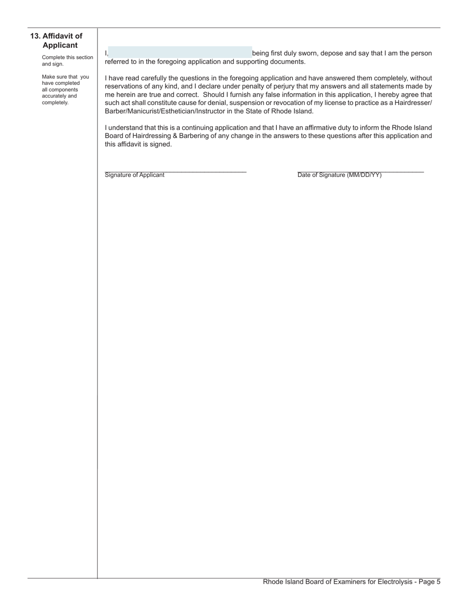 Application for License as an Electrologist - Rhode Island, Page 5