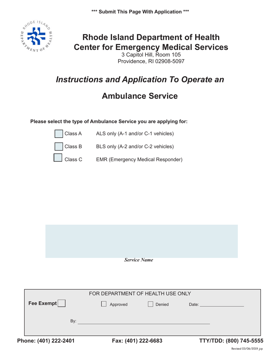 Application for Ambulance Service License - Rhode Island, Page 1