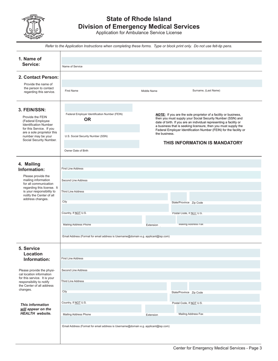 Application for Ambulance Service License - Rhode Island, Page 3