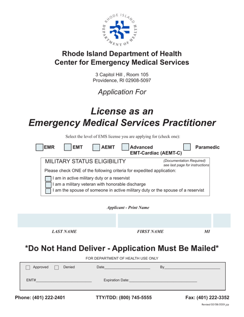 Application for License as an Emergency Medical Services Practitioner - Rhode Island Download Pdf
