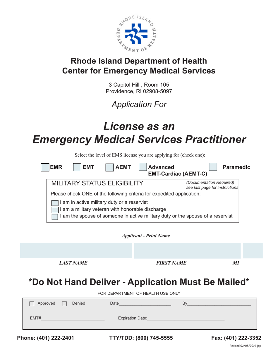 Application for License as an Emergency Medical Services Practitioner - Rhode Island, Page 1