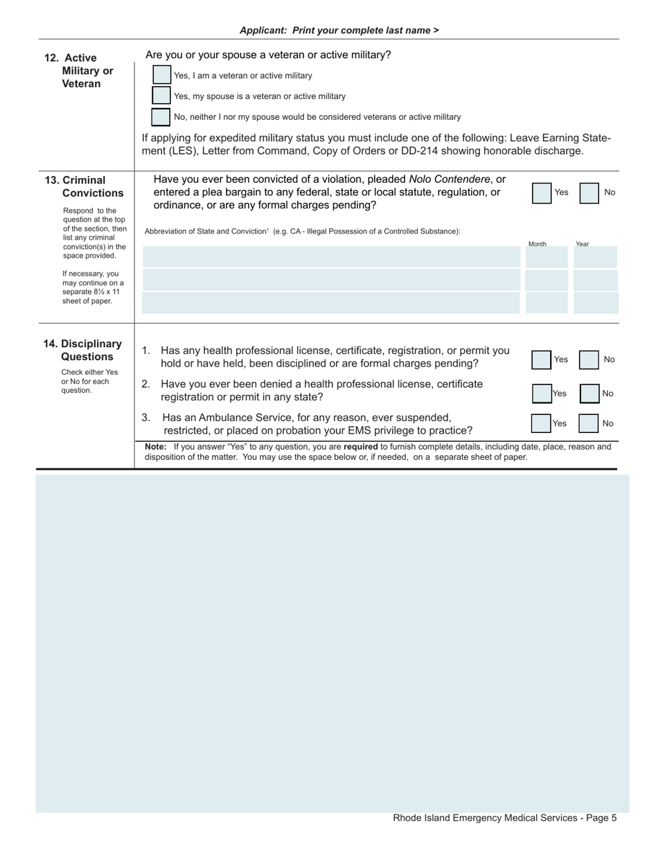 Application for License as an Emergency Medical Services Practitioner - Rhode Island, Page 5