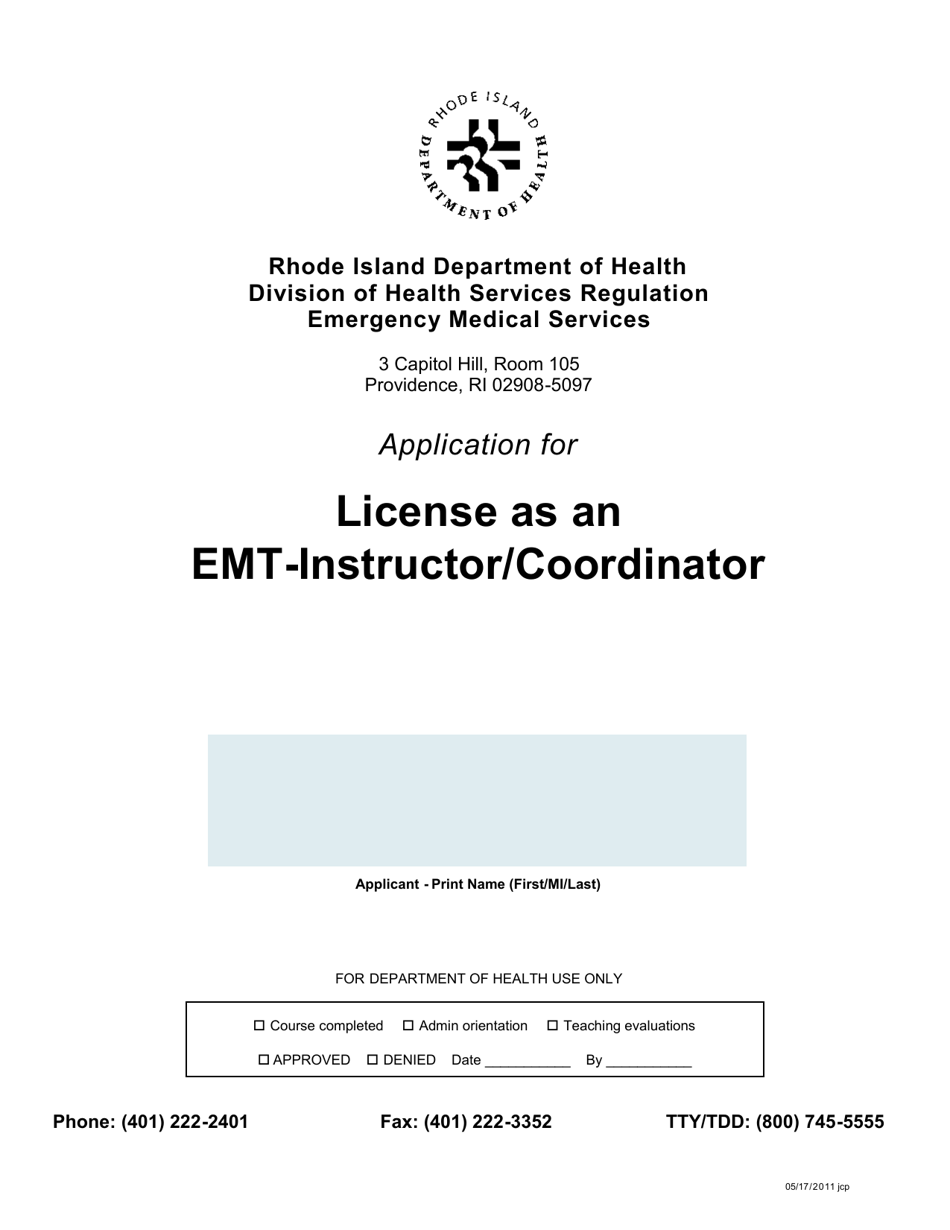 Application for License as an Emt-Instructor / Coordinator - Rhode Island, Page 1
