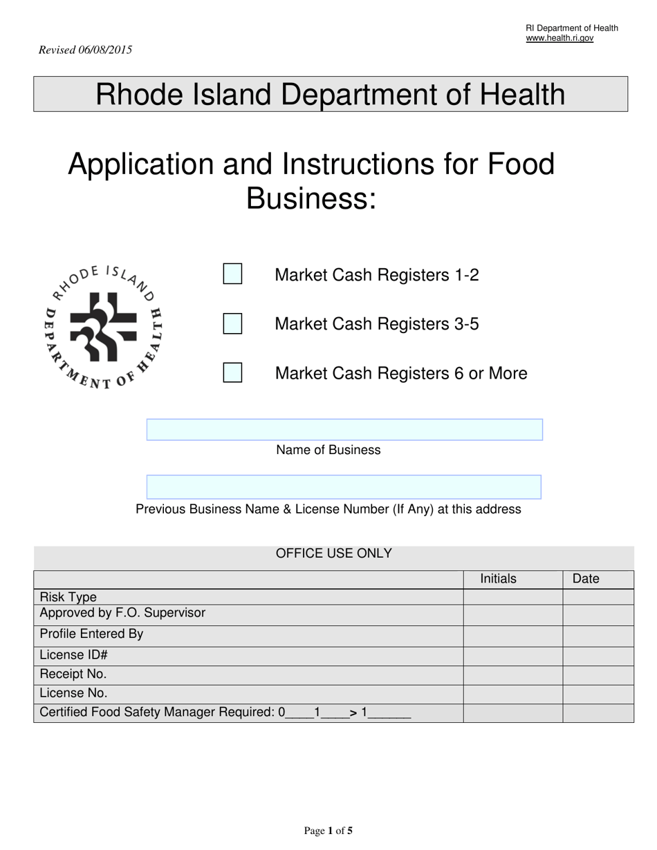 Application for Food Business: Market Cash Registers 1-2 / Market Cash Registers 3-5 / Market Cash Registers 6 or More - Rhode Island, Page 1