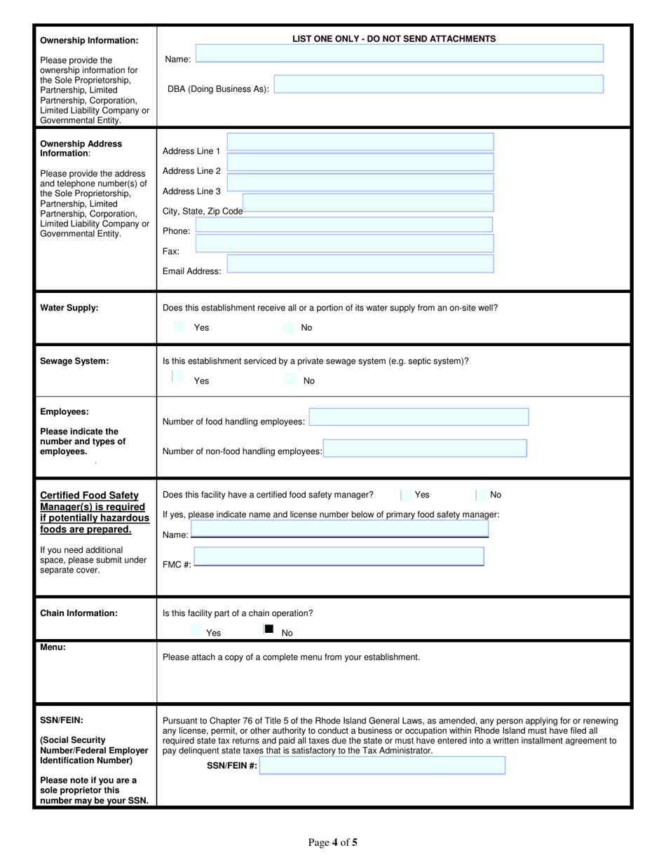 Application for Food Business: Market Cash Registers 1-2 / Market Cash Registers 3-5 / Market Cash Registers 6 or More - Rhode Island, Page 4