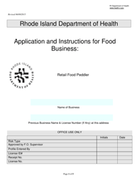 Document preview: Application for Retail Food Peddler - Rhode Island