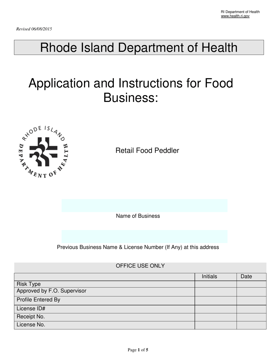 Application for Retail Food Peddler - Rhode Island, Page 1