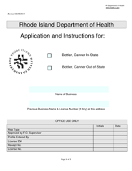 Document preview: Application for Bottler, Canner in-State/Bottler, Canner out of State - Rhode Island