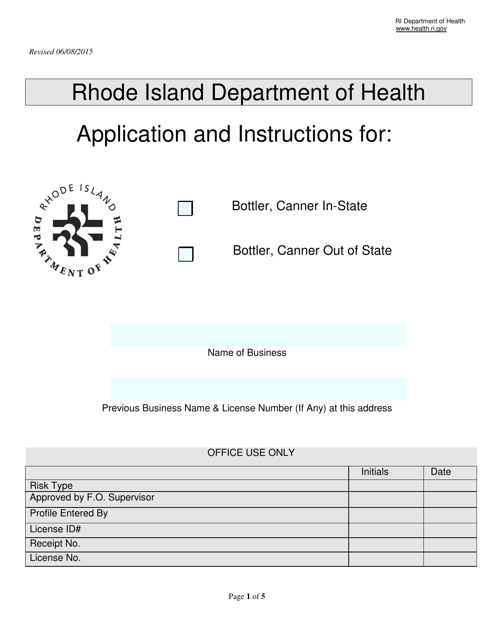 Application for Bottler, Canner in-State/Bottler, Canner out of State - Rhode Island