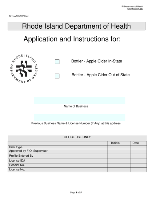 Application for Bottler - Apple Cider in-State / Apple Cider out of State - Rhode Island Download Pdf