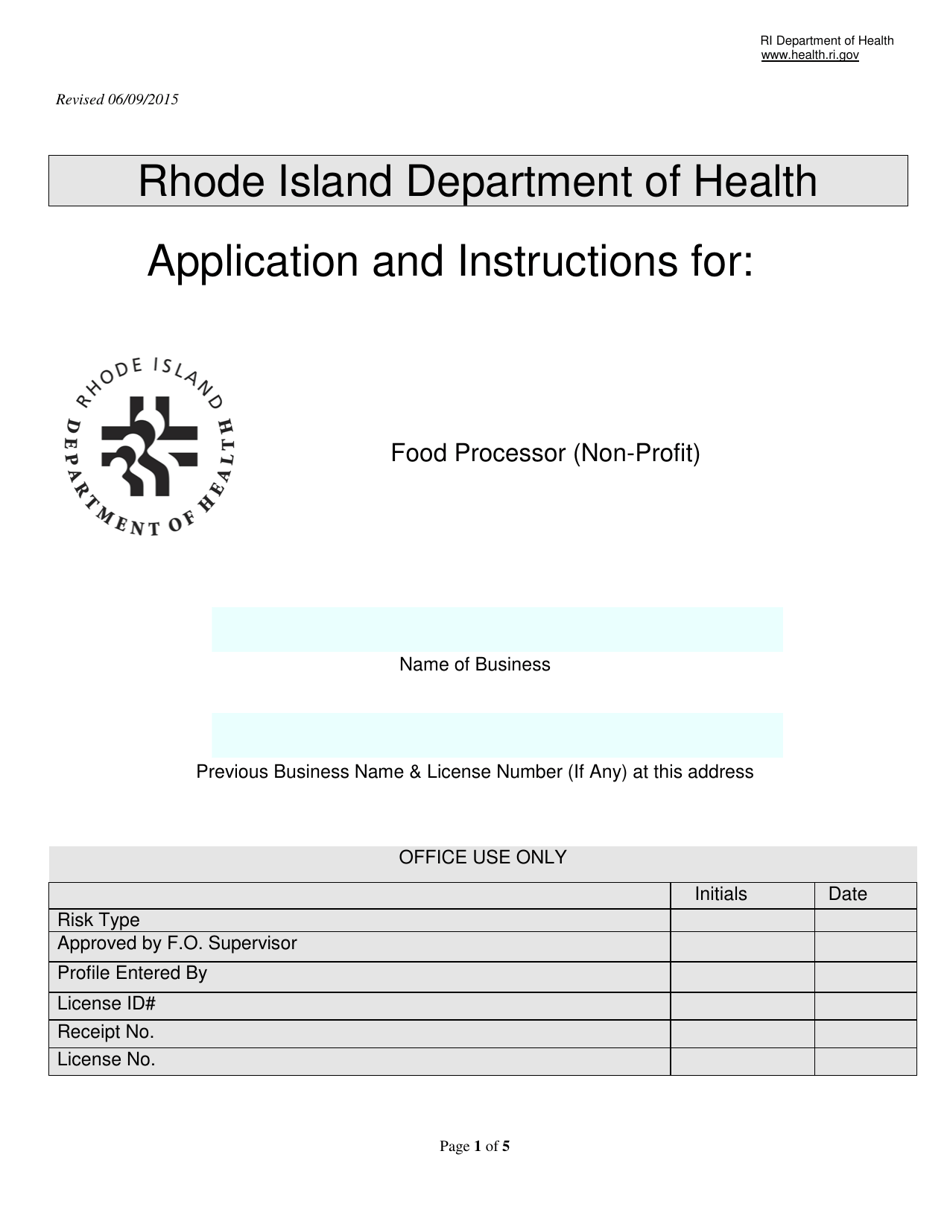 Application for Food Processor (Non-profit) - Rhode Island, Page 1