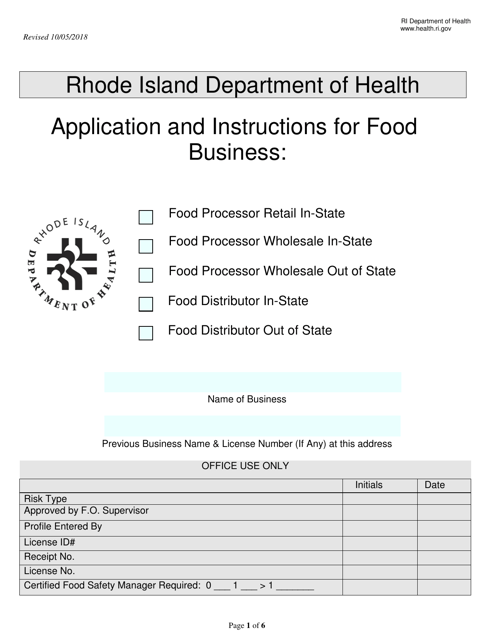 Application for Food Processor/Food Distributor Business License - Rhode Island