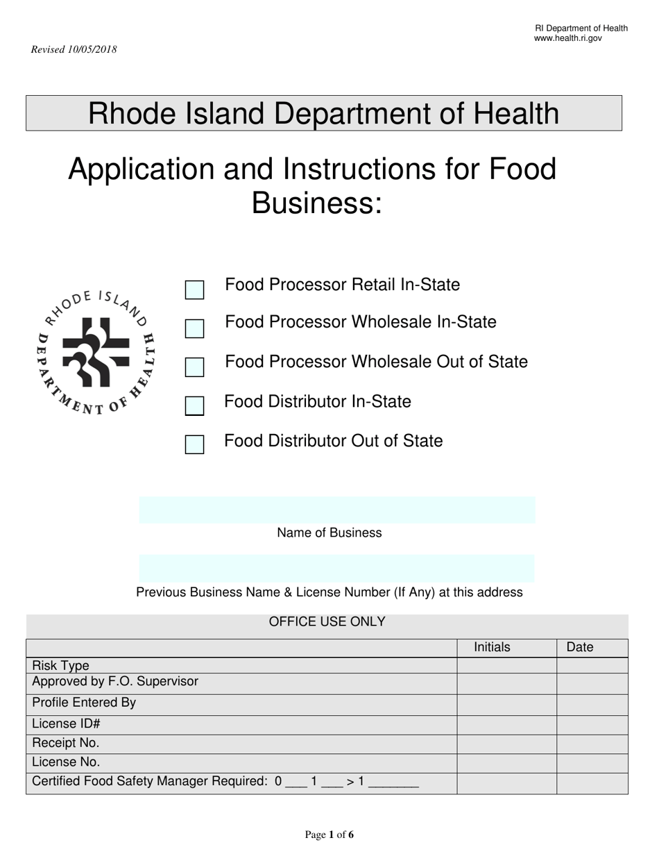 Application for Food Processor / Food Distributor Business License - Rhode Island, Page 1