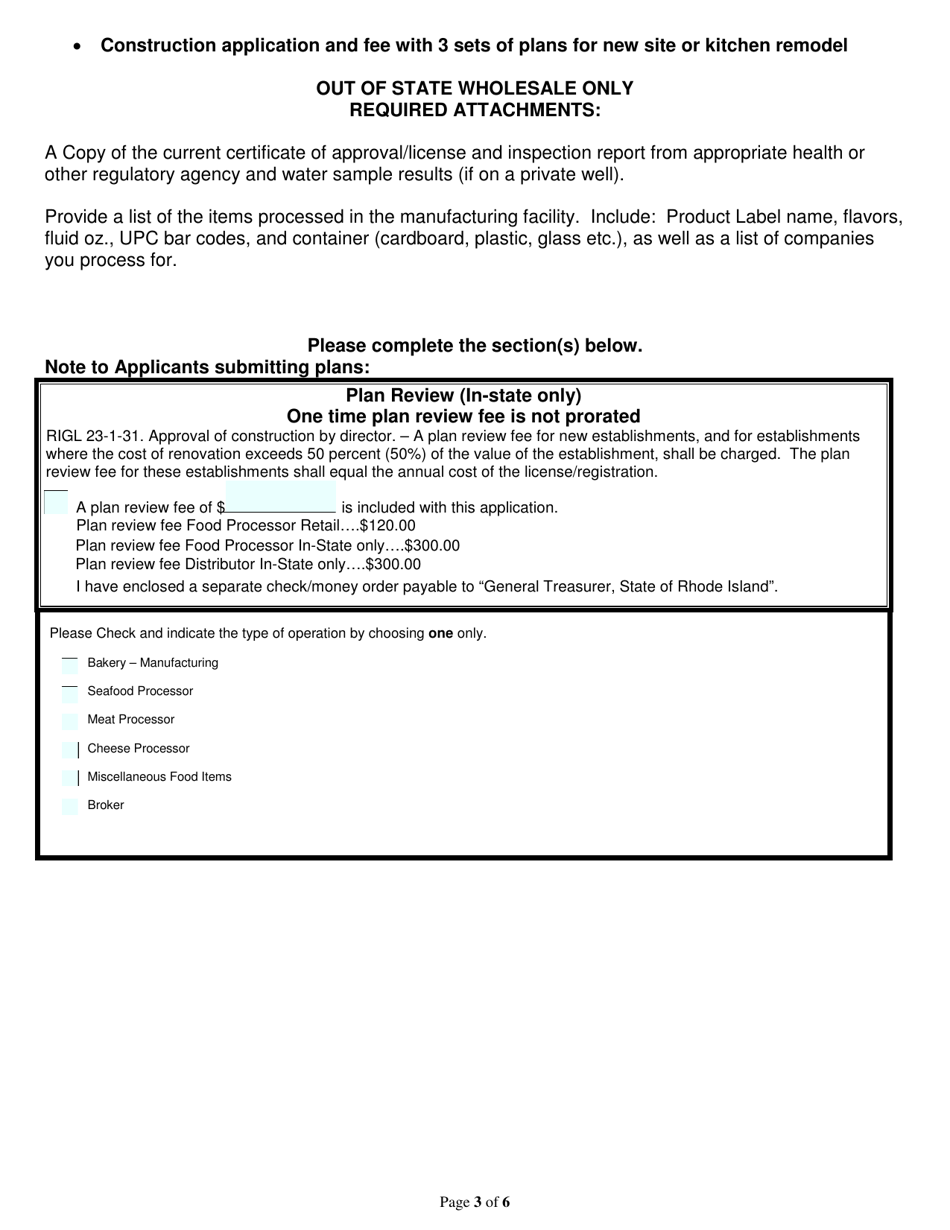 Application for Food Processor / Food Distributor Business License - Rhode Island, Page 3